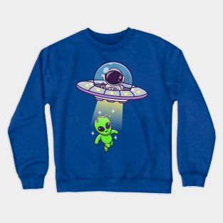 Cute Astronaut Catching Alien With Ufo Cartoon Crewneck Sweatshirt